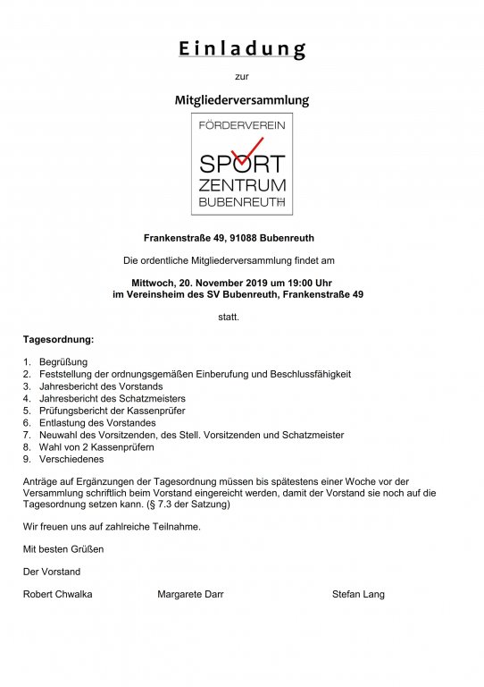 Einladung Mitgliederversammlung Förderverein Sportzentrum Bubenreuth