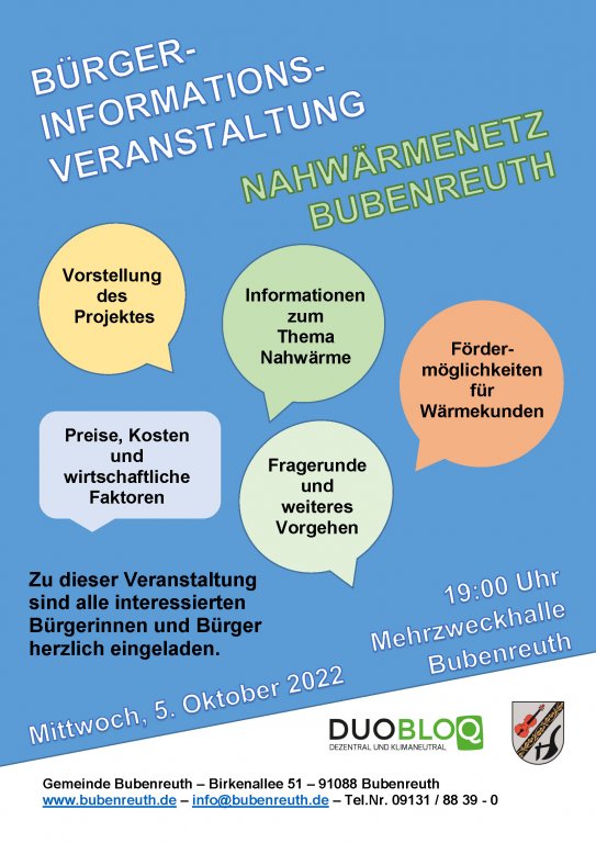 Einladung zur Bürgerinformationsveranstaltung Nahwärmenetz Bubenreuth